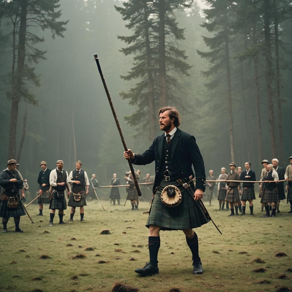 Highland Games: Man Tossing Caber in Cinematic Style