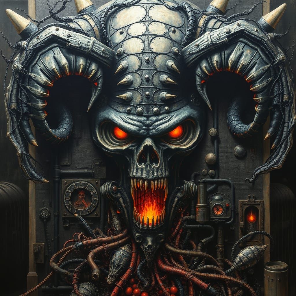 Lovecraftian Human-Industrial Fusion in Encaustic Style