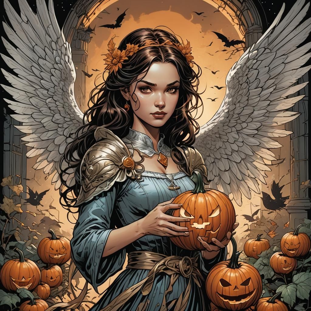 Winged Woman with Pumpkin in Comic Book Style