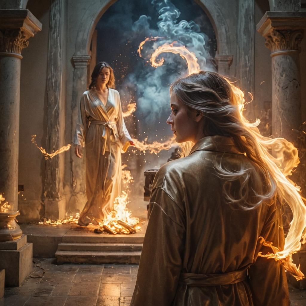 Fiery Reflection: Woman, Tornado, and Ghostly Gate