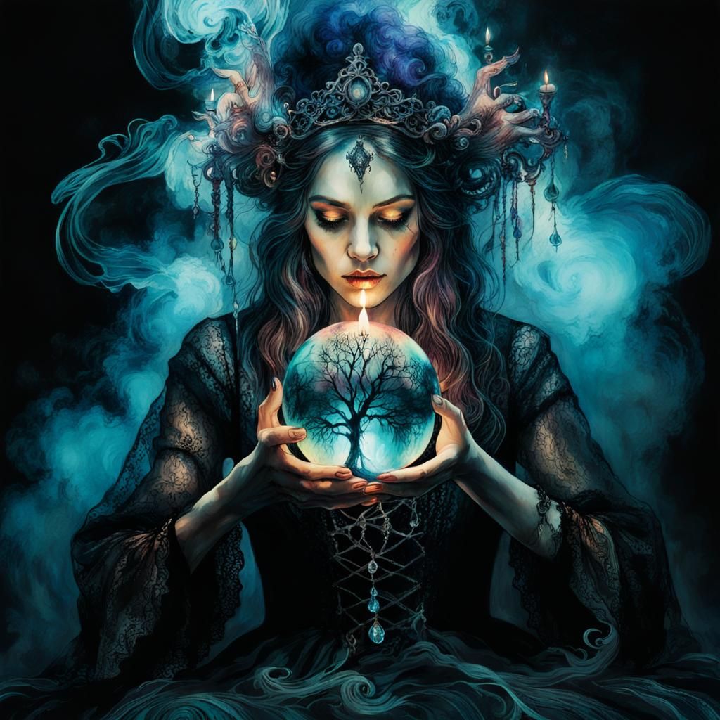 Beautiful Witch With Crystal Ball in Dark Fantasy