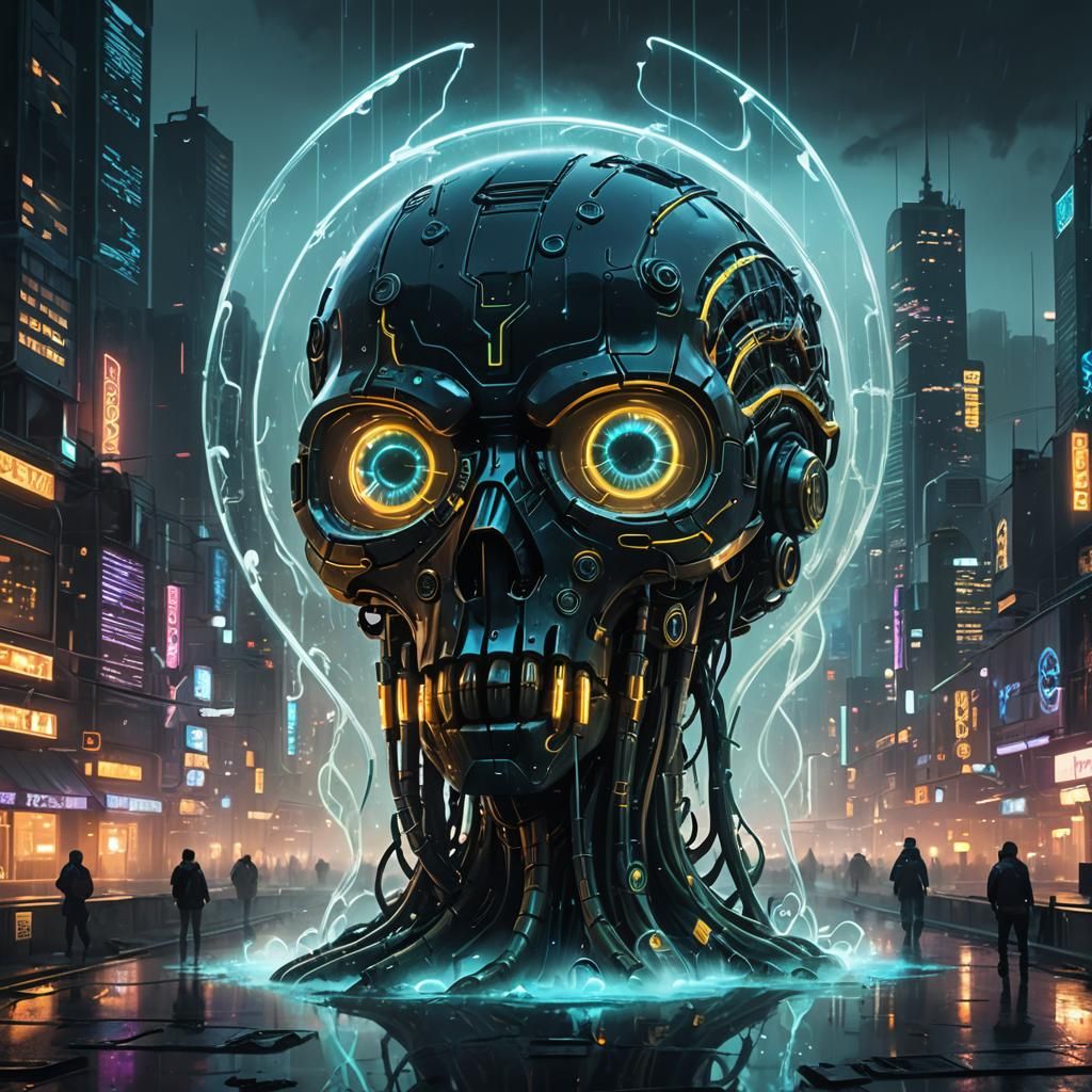 Cyberpunk Bioluminescent Brain in Glass, Neon Cityscape