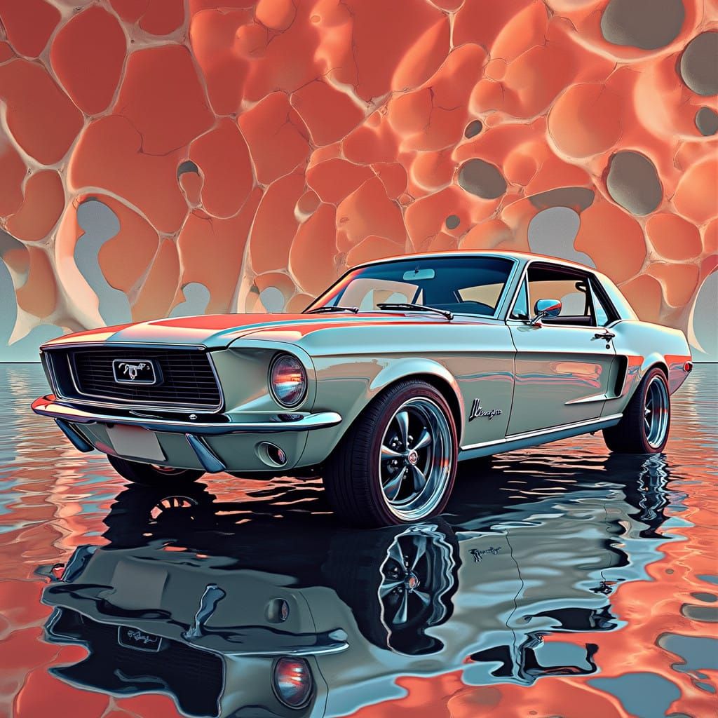Retro-Futuristic Ford Mustang Shattered in Chrome Haze