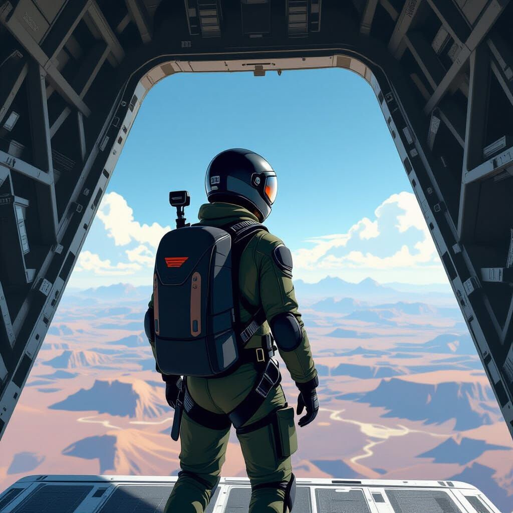 Skydiver at Airplane Door in Retro-Futuristic Style