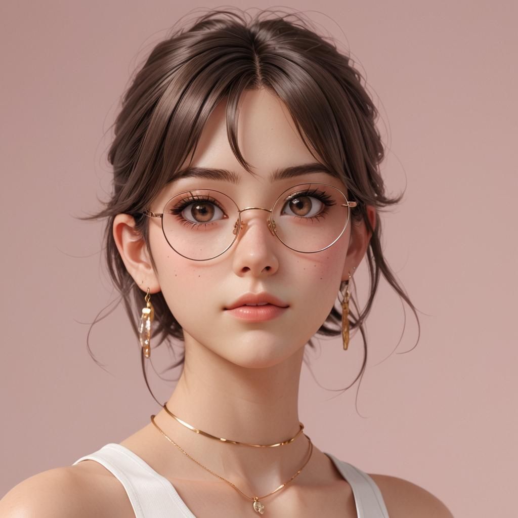 Anime Portrait: Dark Hair, Gold Glasses, Pink Background