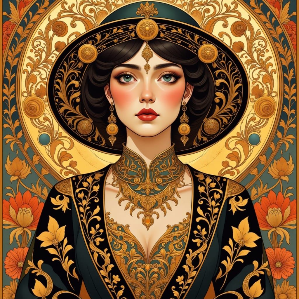 Surreal Lady in Folk Art Nouveau Style with Intricate Patter...