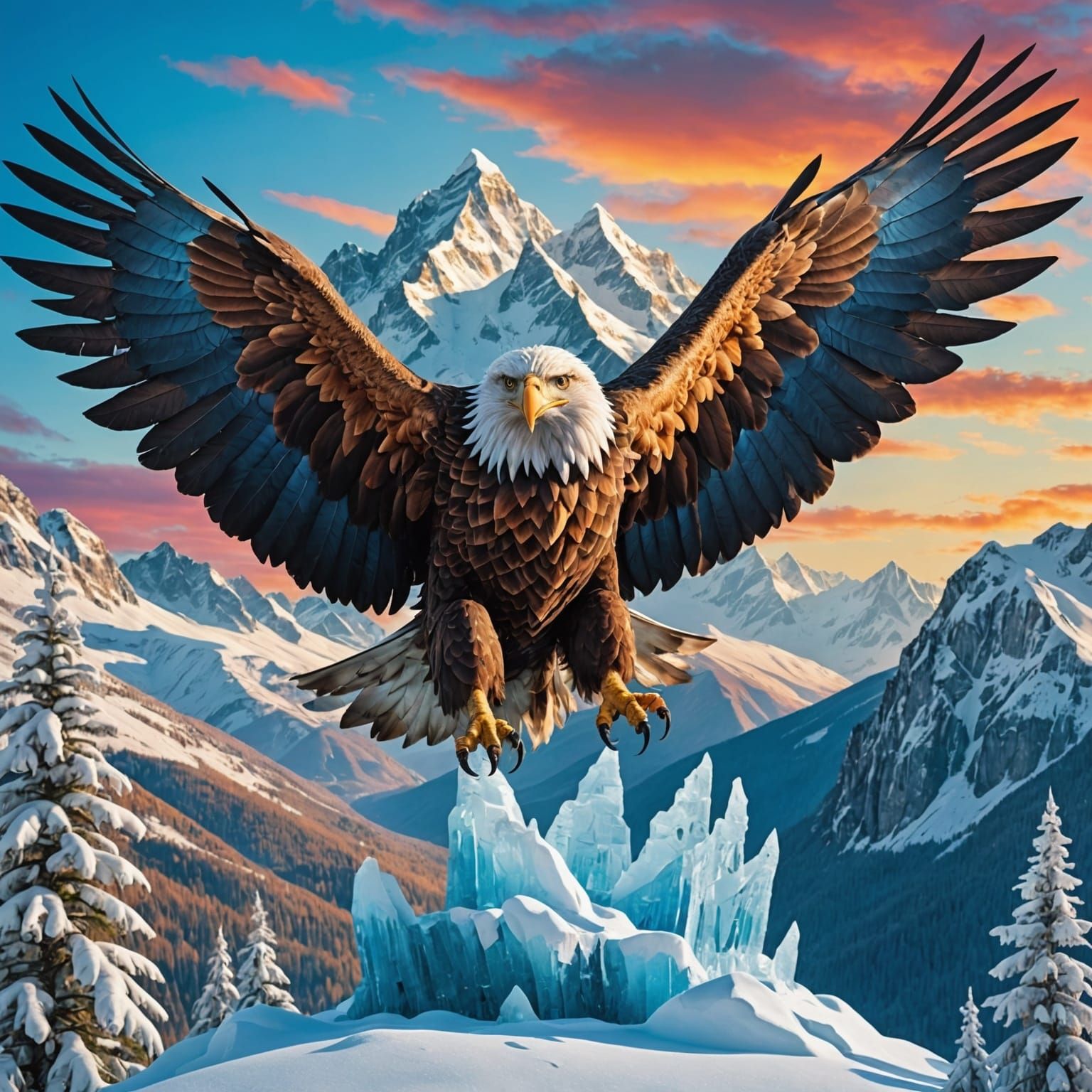 Colorful Eagle Soaring Over Frozen Landscape