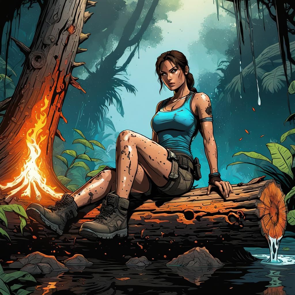 Lara Croft Rests in Jungle: Splash Art, 8k