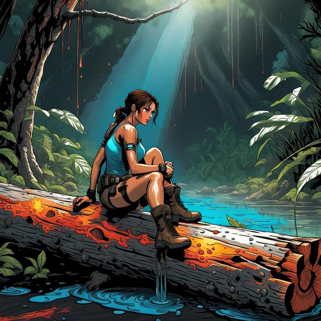 Lara Croft Rests in Jungle: Cinematic Render