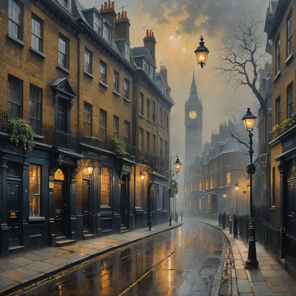 Victorian London Street at Dawn, Oil Painting