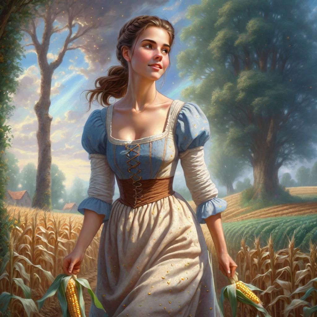 Woman Sowing Corn: Ethereal Medieval Landscape