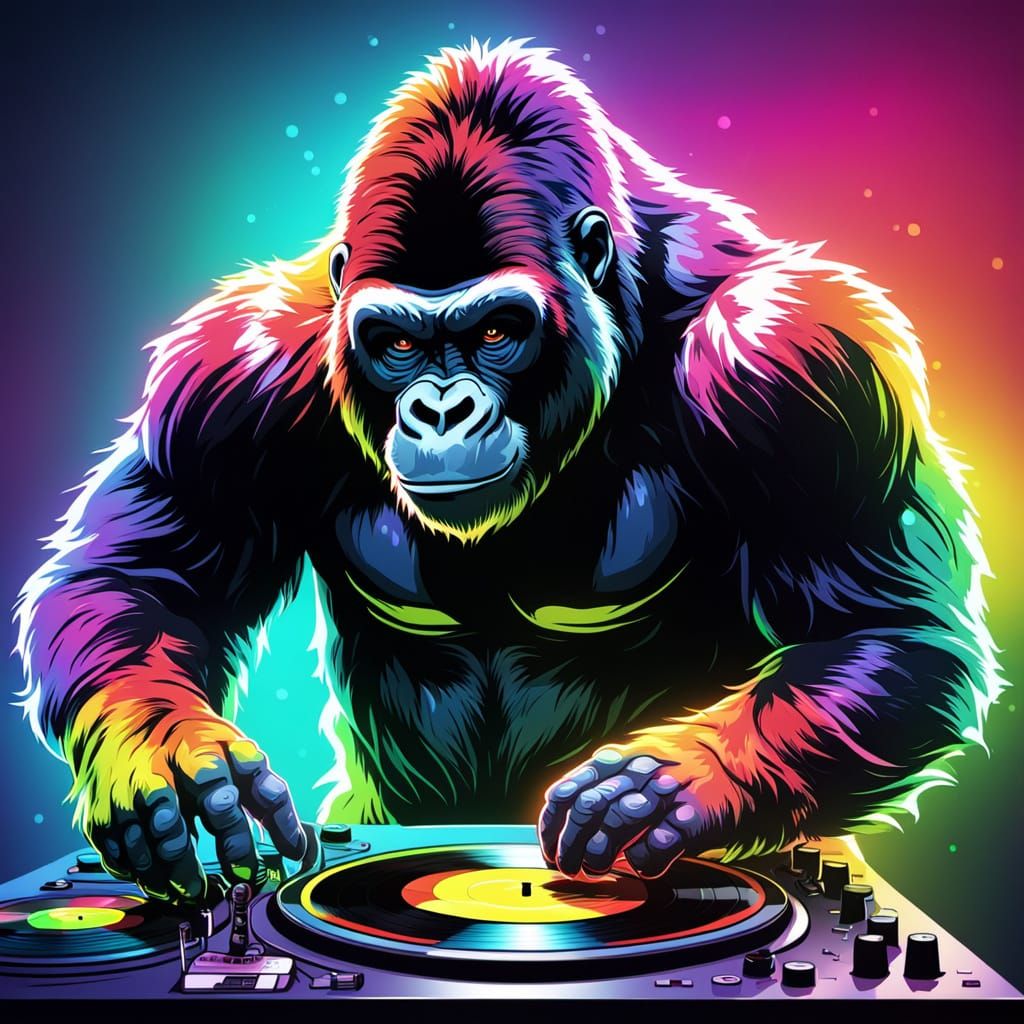 Rainbow Gorilla DJ in Cartoon Comic Book Style