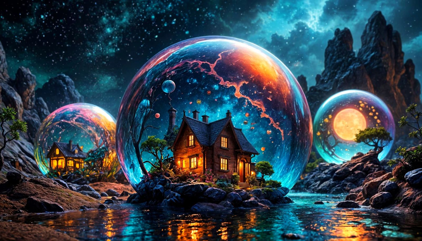 Miniature Village in Bubble Under Night Sky