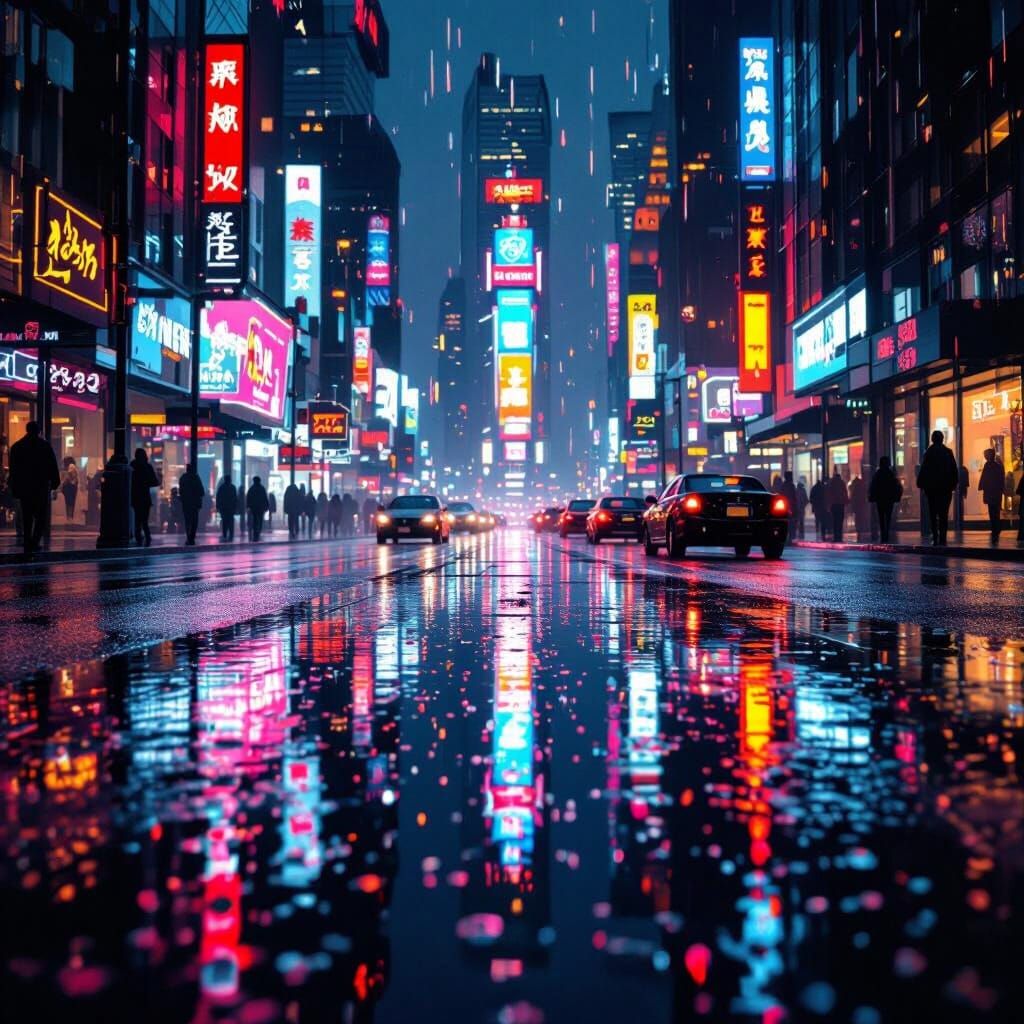 Rain-Soaked Neon Cityscape at Night
