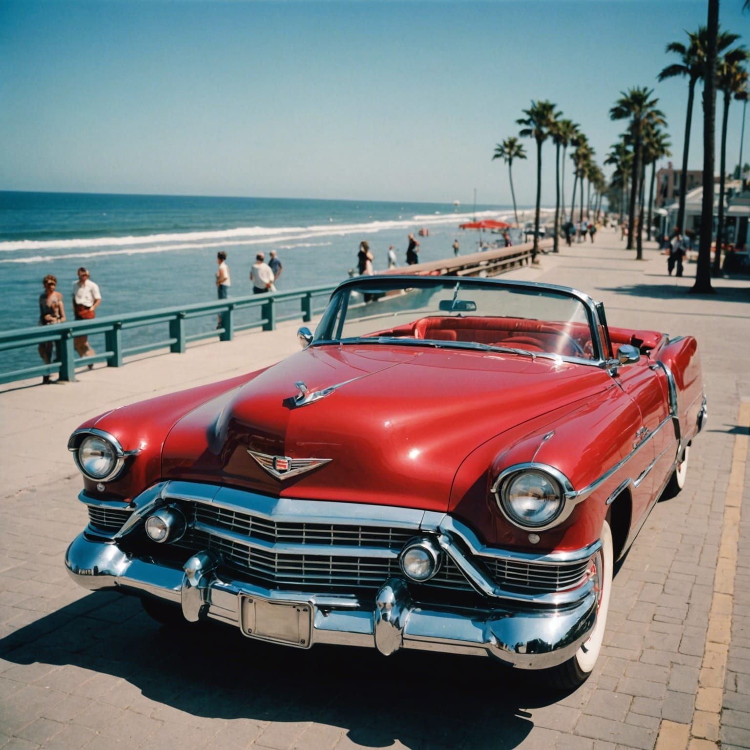 Red Cadillac Eldorado on Beach in Shore Style