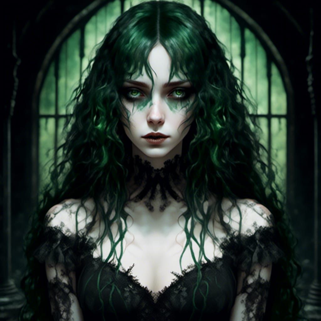 Pale Goth Woman with Green Hair in Gothic Room