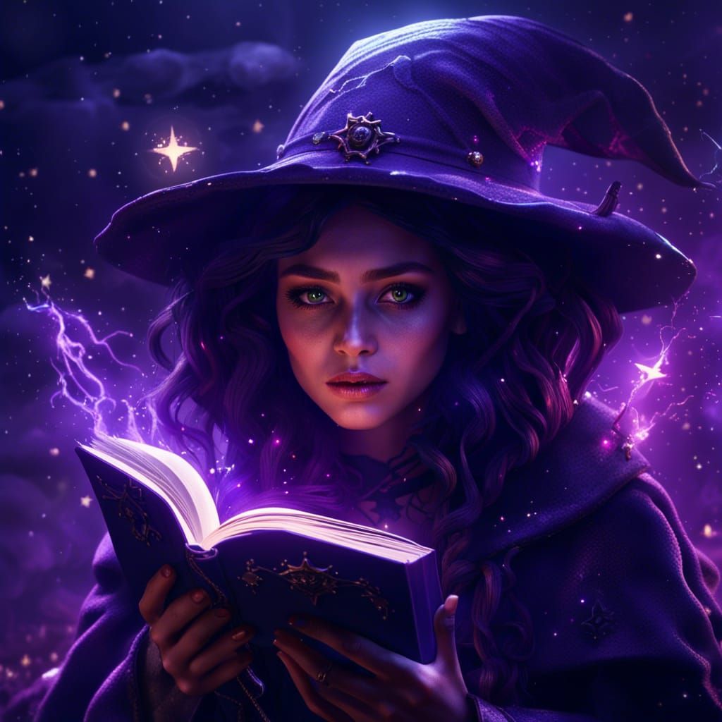 Enchanted Witch Girl Reading Dark Magic Book