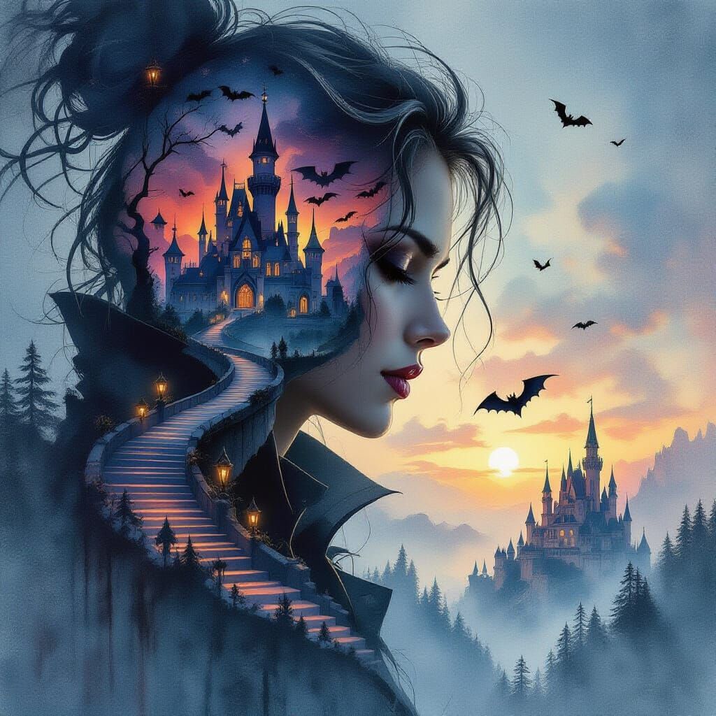 Vampire Castle Double Exposure in Watercolor Style