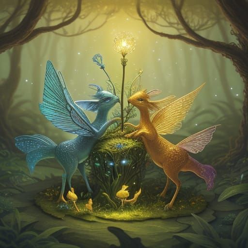 Whimsical Fantasy Creatures in a Glowing Miniature Forest