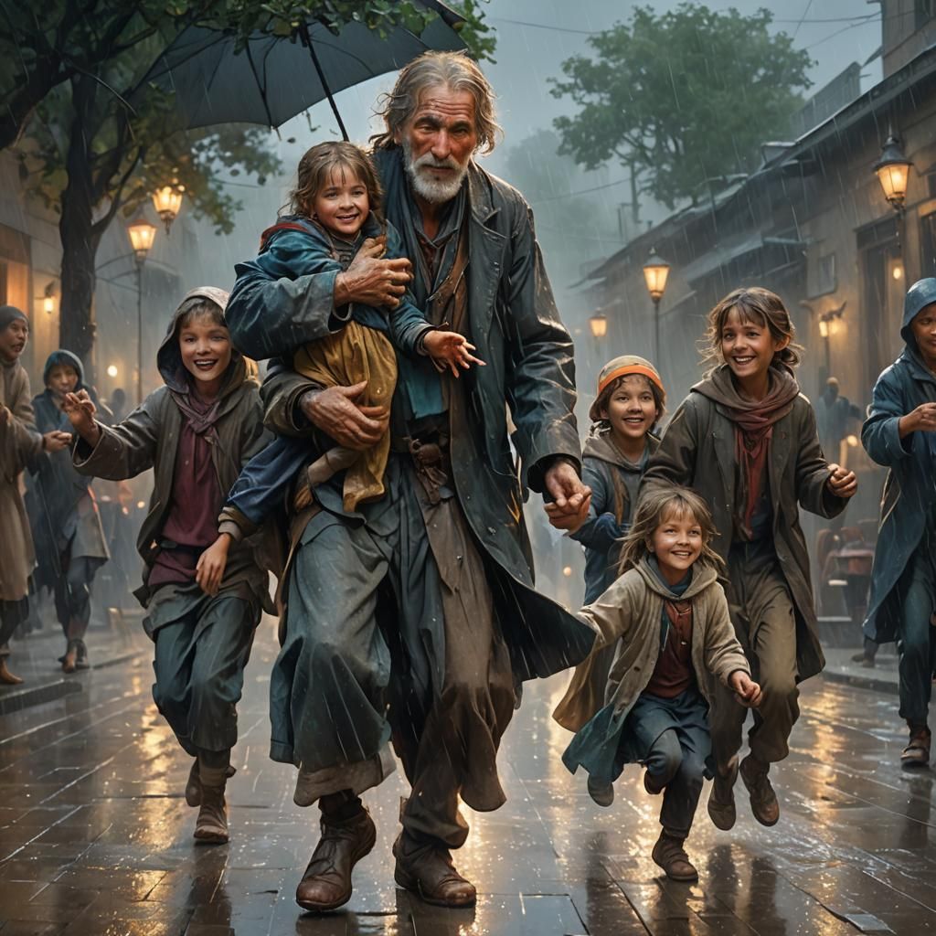 Beggar and Children Dancing in the Rain