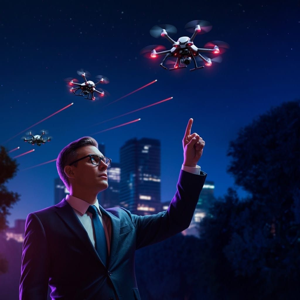 Attorney Surrounded by Drones in a Futuristic Urban Park