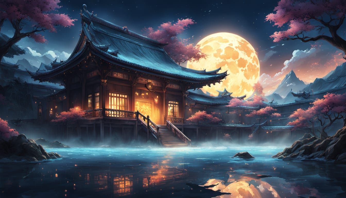 Majestic Glowing Monster in Alpine Spa, Fantasy Anime Art