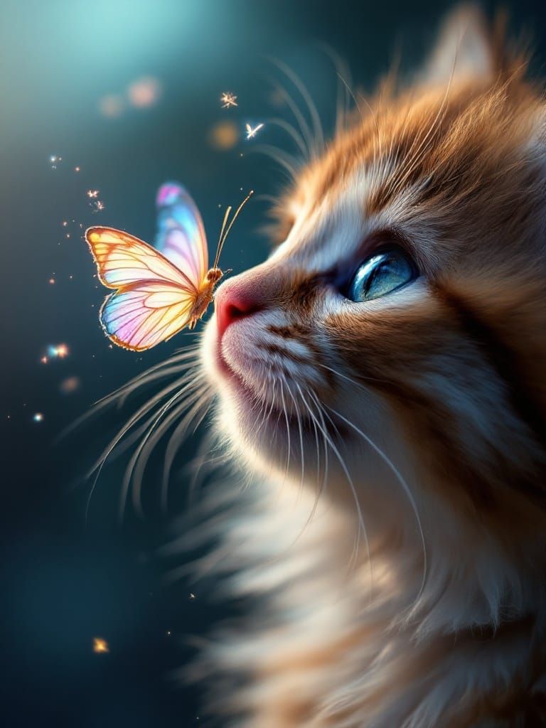 Fluffy Kitten with Iridescent Butterfly