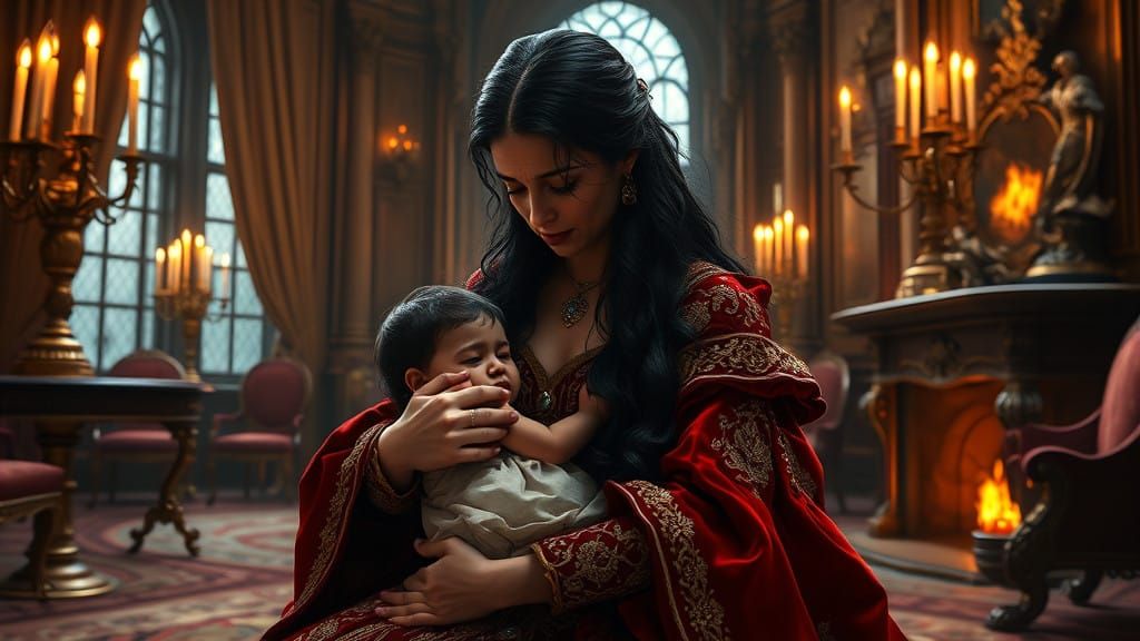 Heartbroken Queen Catherine Holding Her Daughter Mary in Tud...