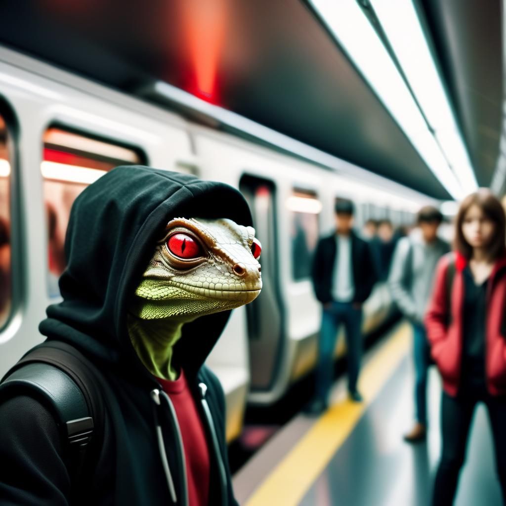 Lizard Alien in Subway: Cinematic Movie Still