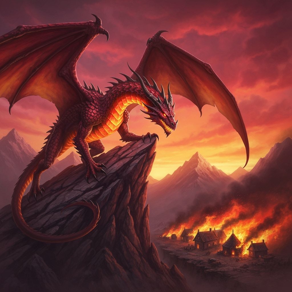 Fearsome Dragon on Mountain Peak Watching Village Burn