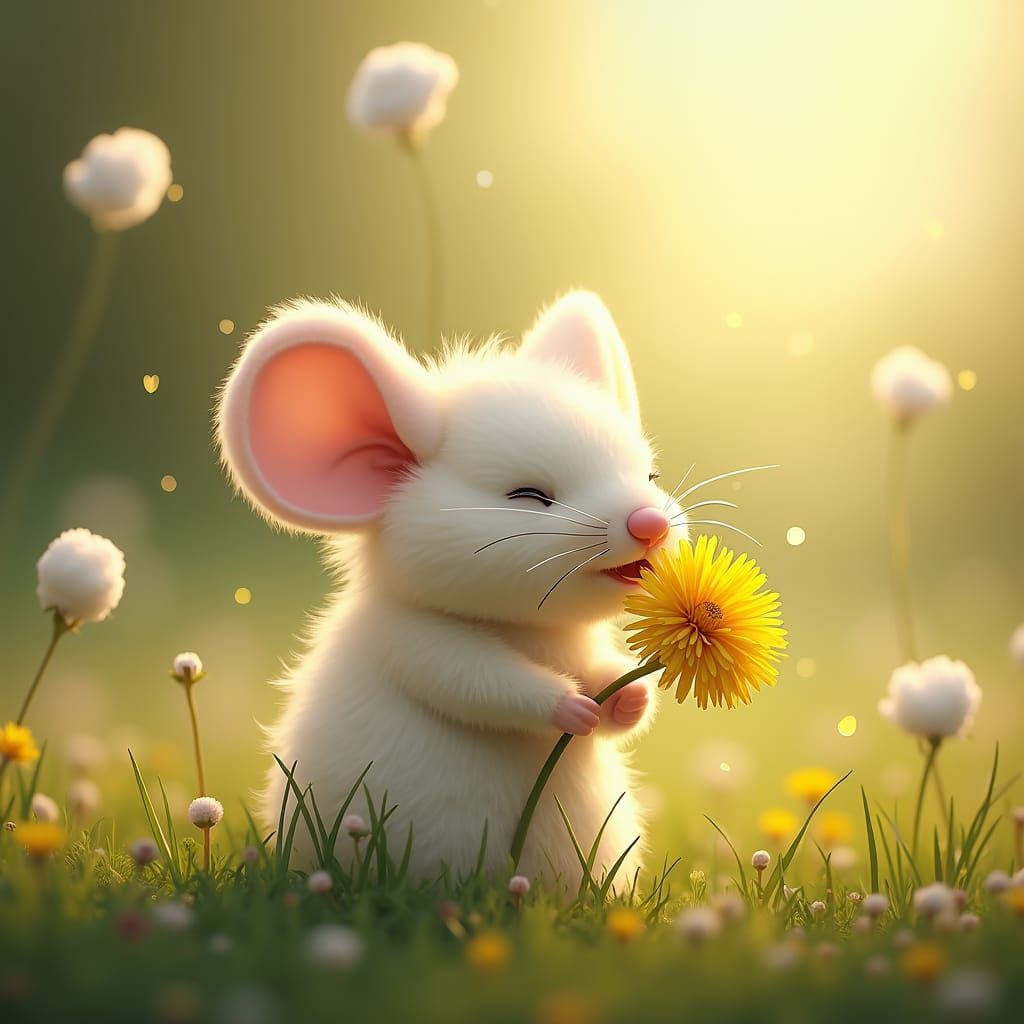 Plush Mouse with Dandelion in Dreamy Meadow