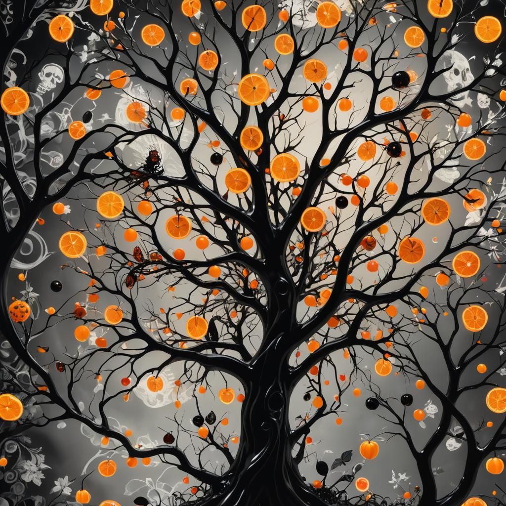 A whimsical, vibrant surrealist scene of a child's Halloween fantasy, featuring a glowing, gnarled autumn tree adorned w...