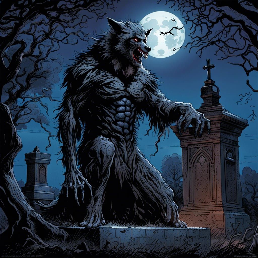 Eerie Shadow Werewolf in Victorian Graveyard Comic Art