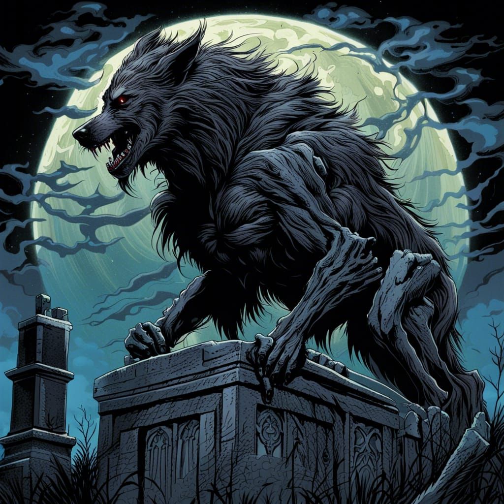Eerie Gothic Werewolf in Victorian Graveyard Art