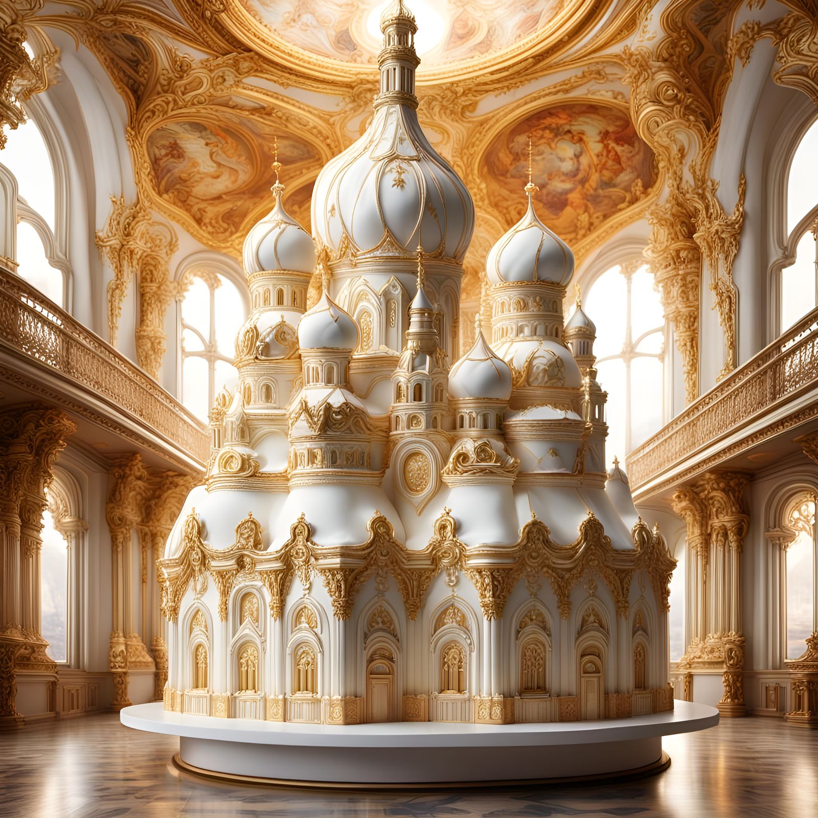 Baroque Cake Church: Opulent White and Gold Creation
