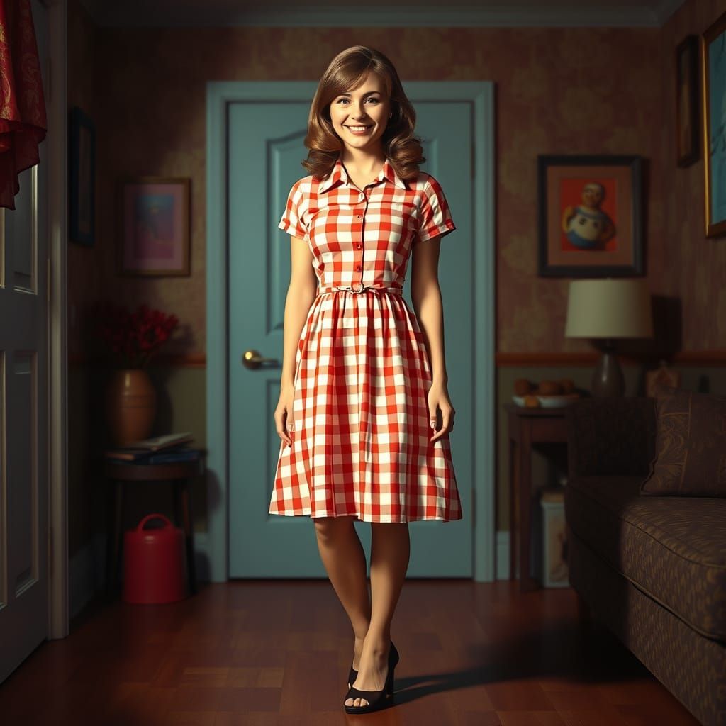 Happy Stepford Wife in Vibrant 1970s Gingham