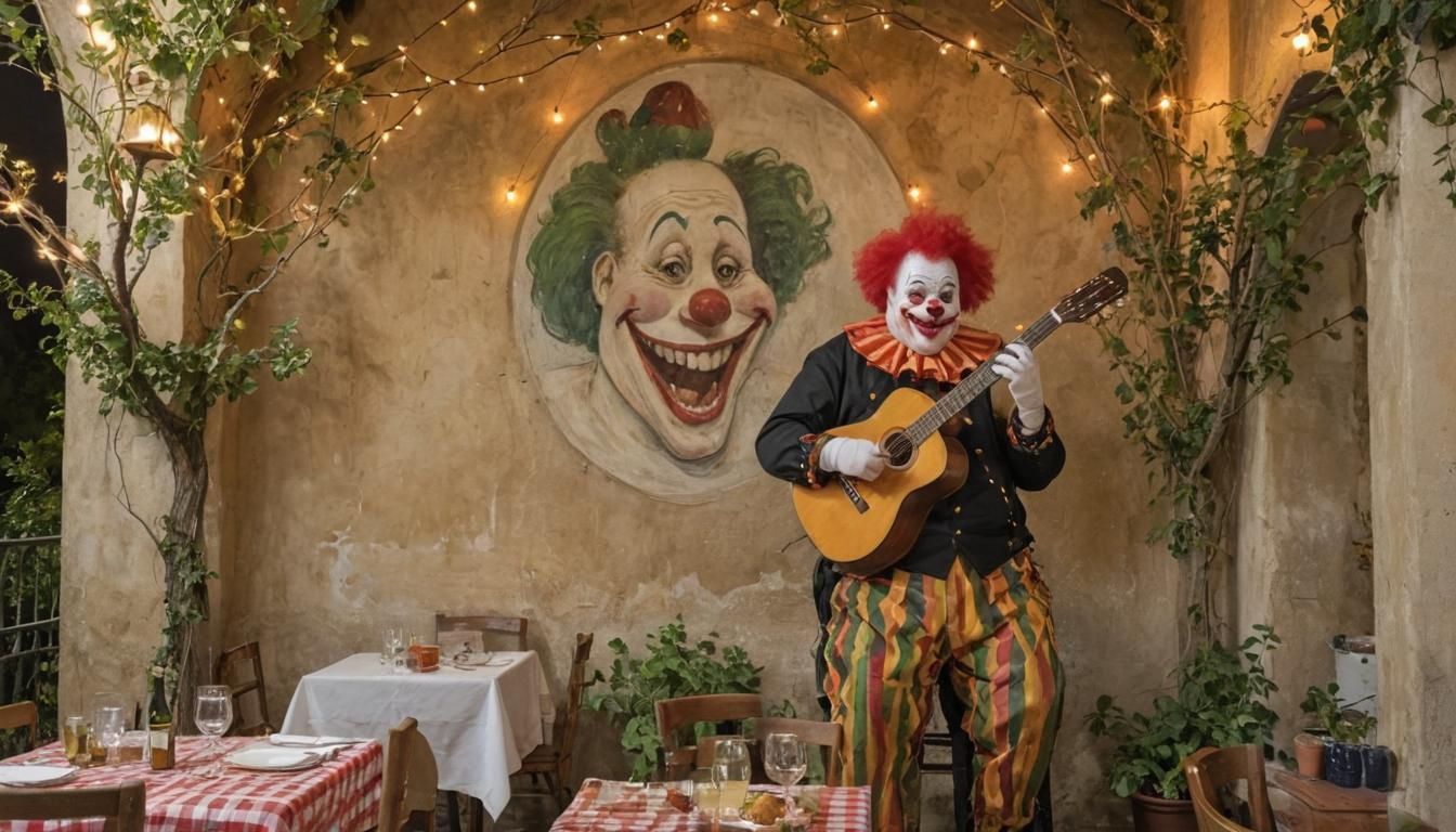 Clown Eats Guitar at Italian Restaurant