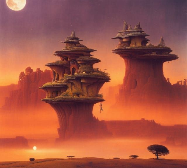 Surreal Cliffside City at Night, Digital Matte Painting