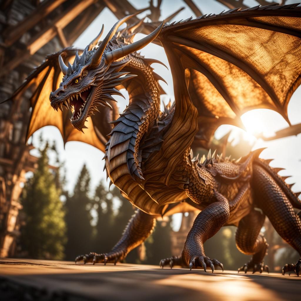 Wooden Dragon Soars: Intricate 8k Resolution Image