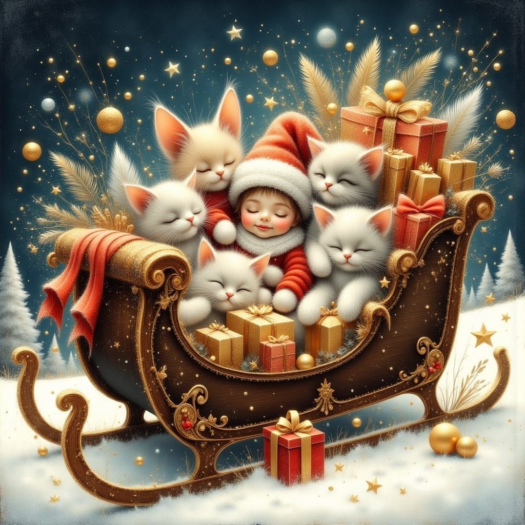 Adorable Elves and Kittens in Santa's Sled