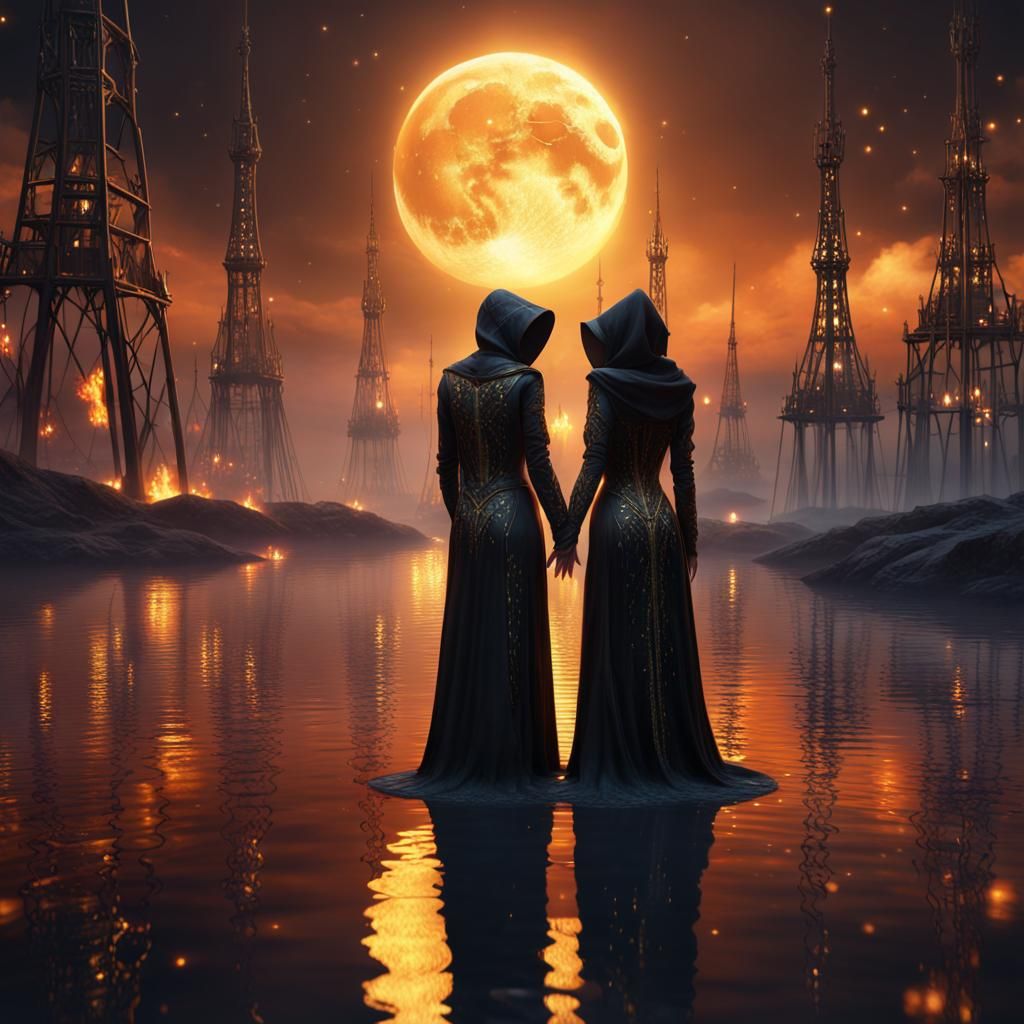 Lovers in Golden Starry Dystopian Landscape