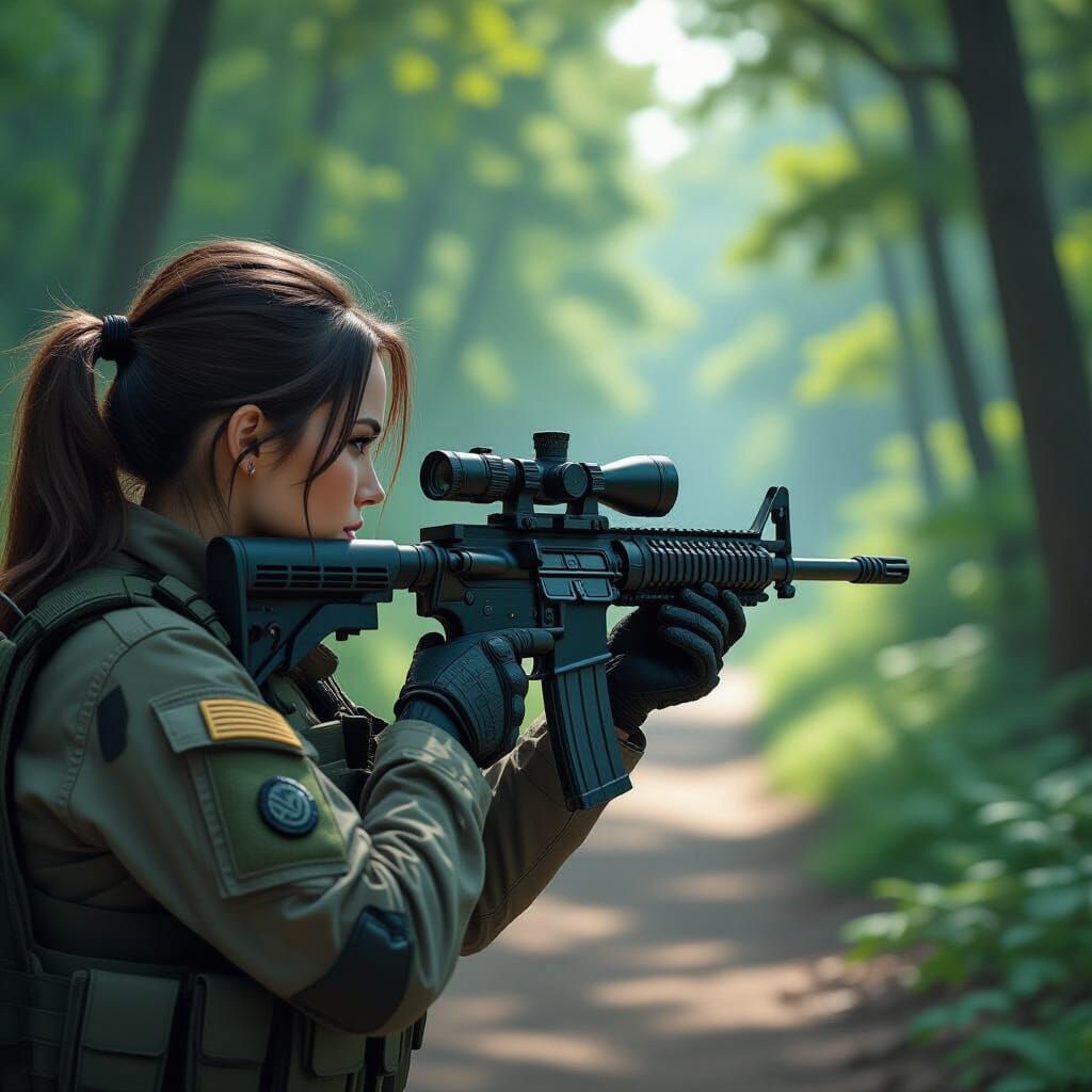 Sci-Fi Soldier Aims Rifle in Hyperrealistic Style