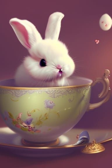 Baby Bunny Selfie in Teacup: Detailed Digital Art
