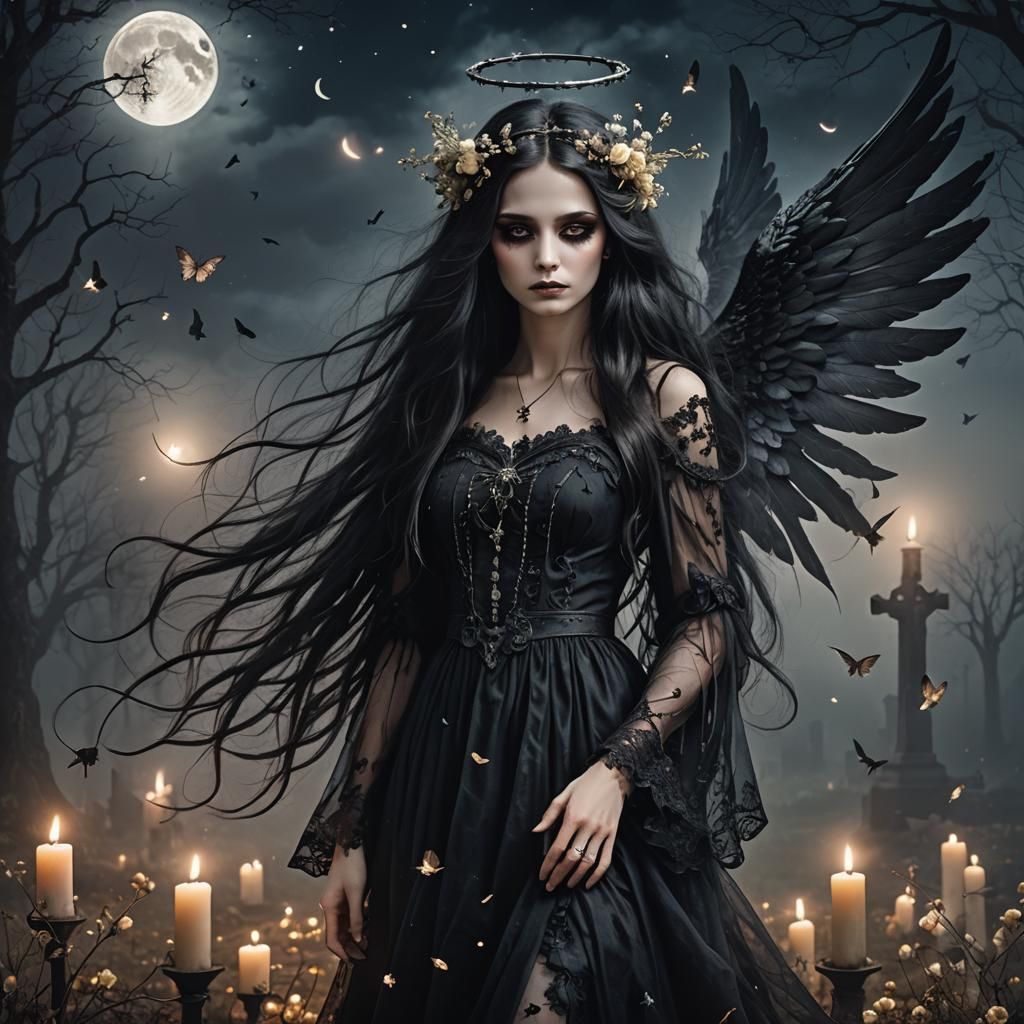 Gothic Dark Fairy in Cemetery with Angel Wings
