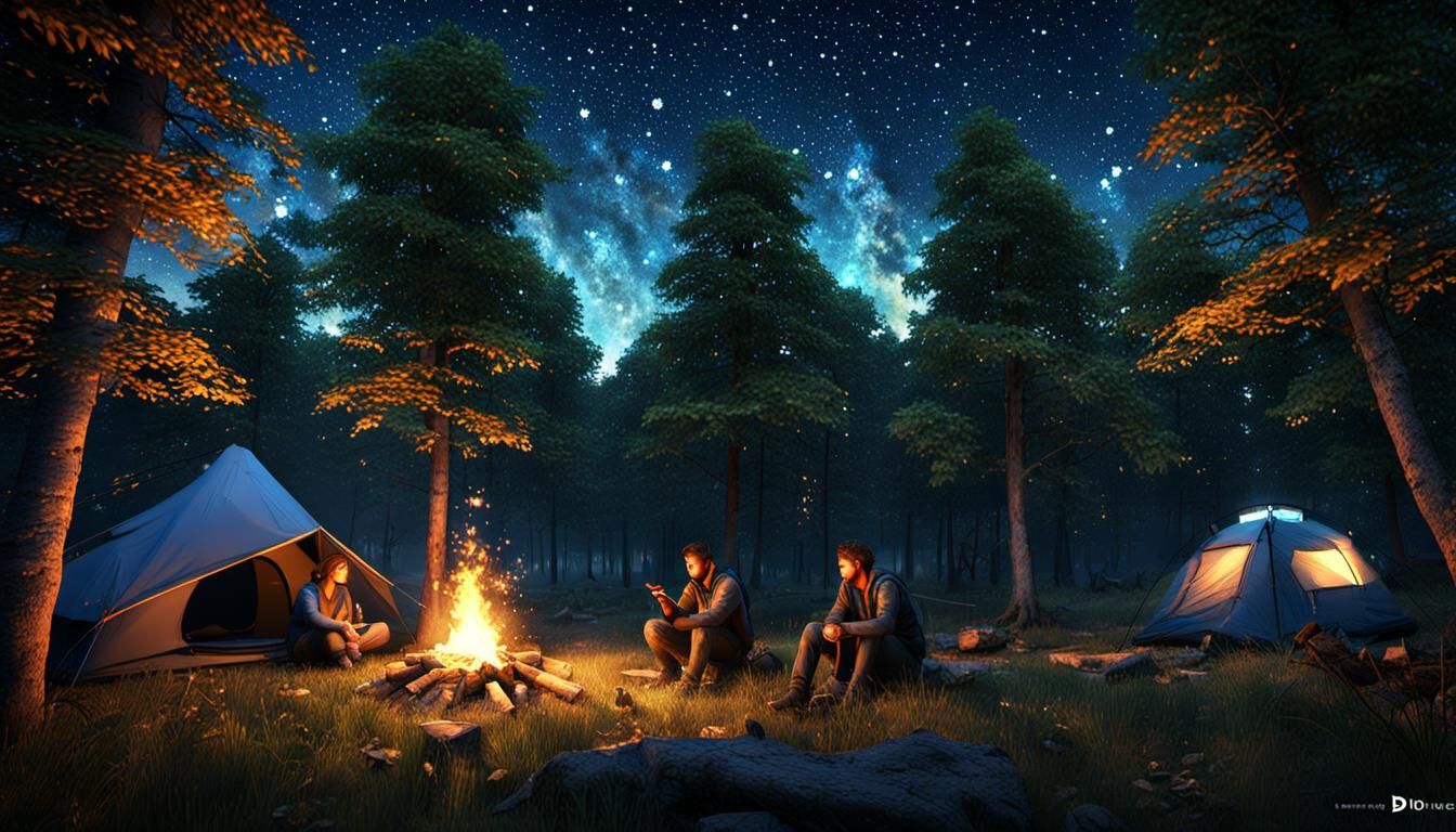 Night Campers by Bonfire Under Starry Sky