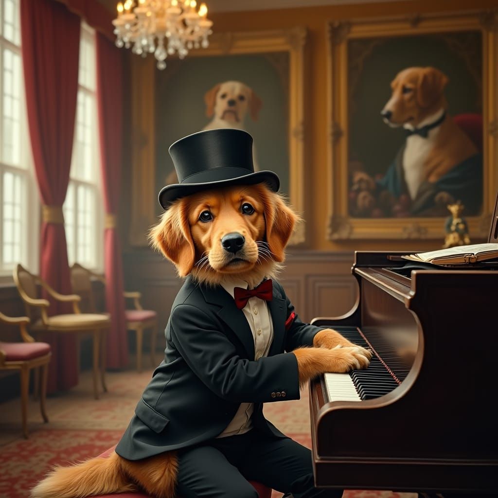Golden Retriever Puppy in Aristocratic Attire Plays Piano in...