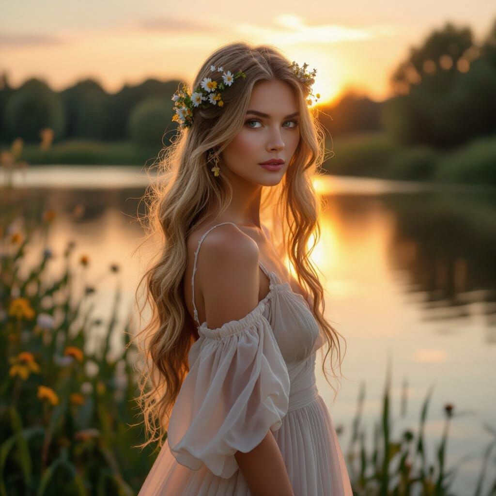 European Woman with Wildflowers by Lake in Renaissance Style
