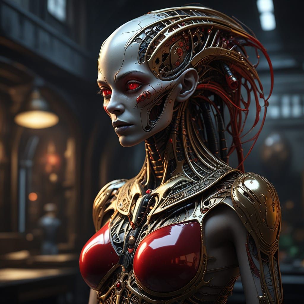 H.R. Giger-inspired biomechanical art. Mid shot. An alien model with a platinum skull, glowing rubies and delicate circu...