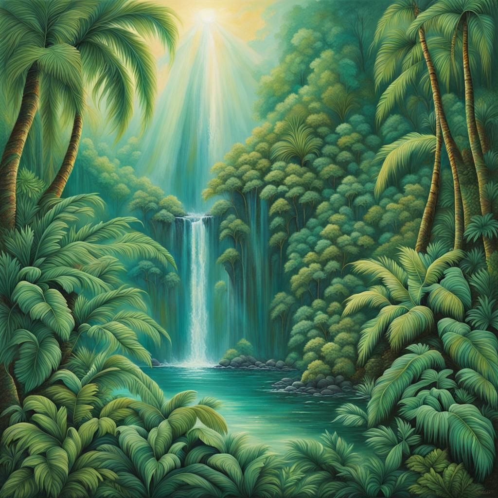 Lush Jungle Oasis Waterfall in Hyperrealism
