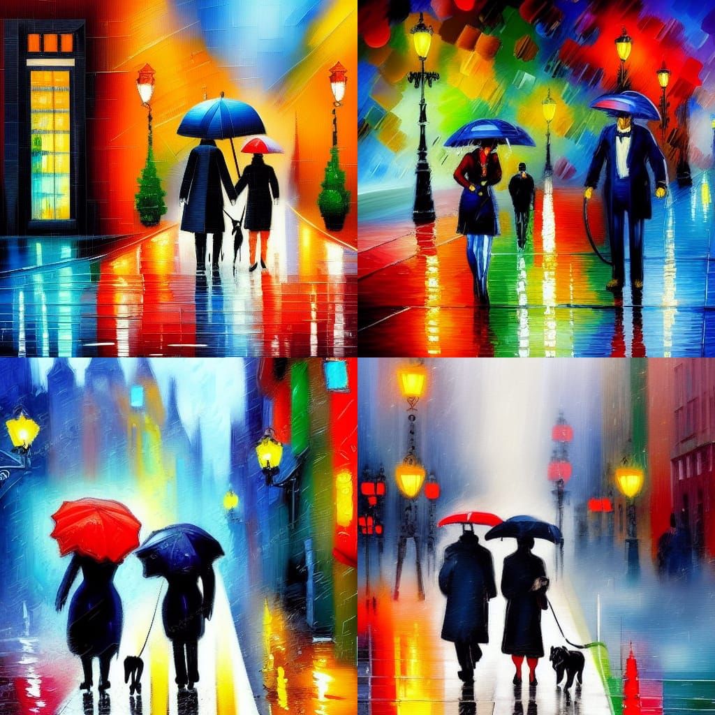 Rainy City Street Scene in Impressionistic Style